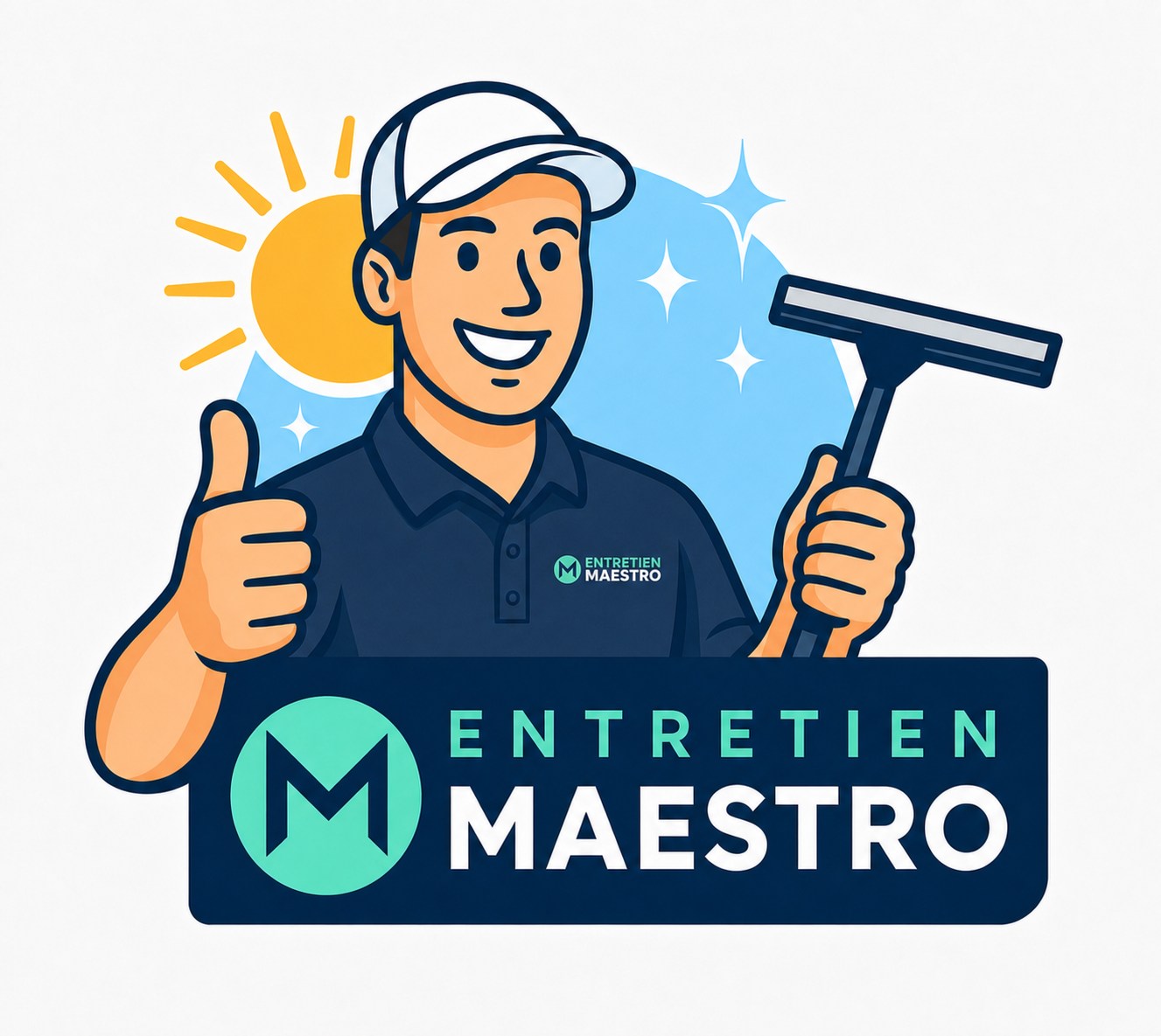 Mascotte Entretien Maestro portant le polo marine